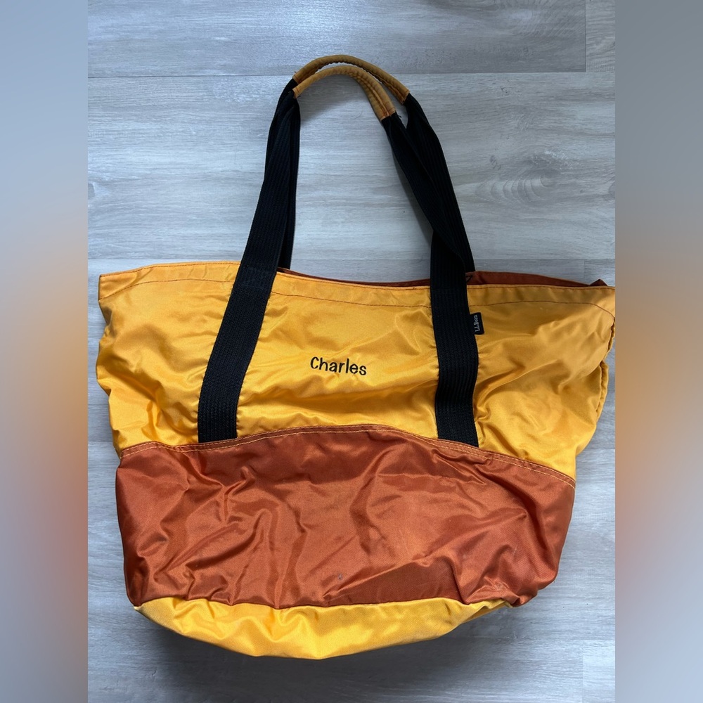 LLBean Nylon Orange Yellow Top Zip Tote Shoulder Bag Travel Sports Overnight Gym